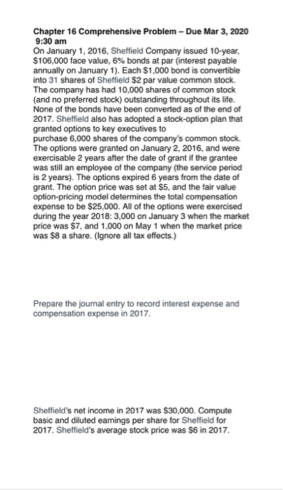  Chapter 16 Comprehensive Problem - Due Mar 3, 2020 9:30 am