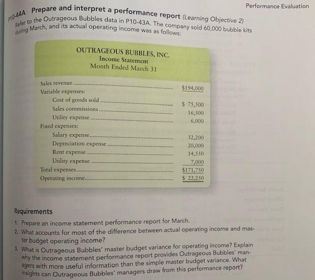  Performance Evaluation P10-44A Prepare and interpret a performance report (Learning Objective