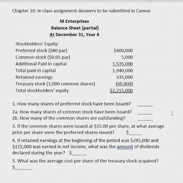 Chapter 10: In class assignment-Answers to be submitted in Canvas M