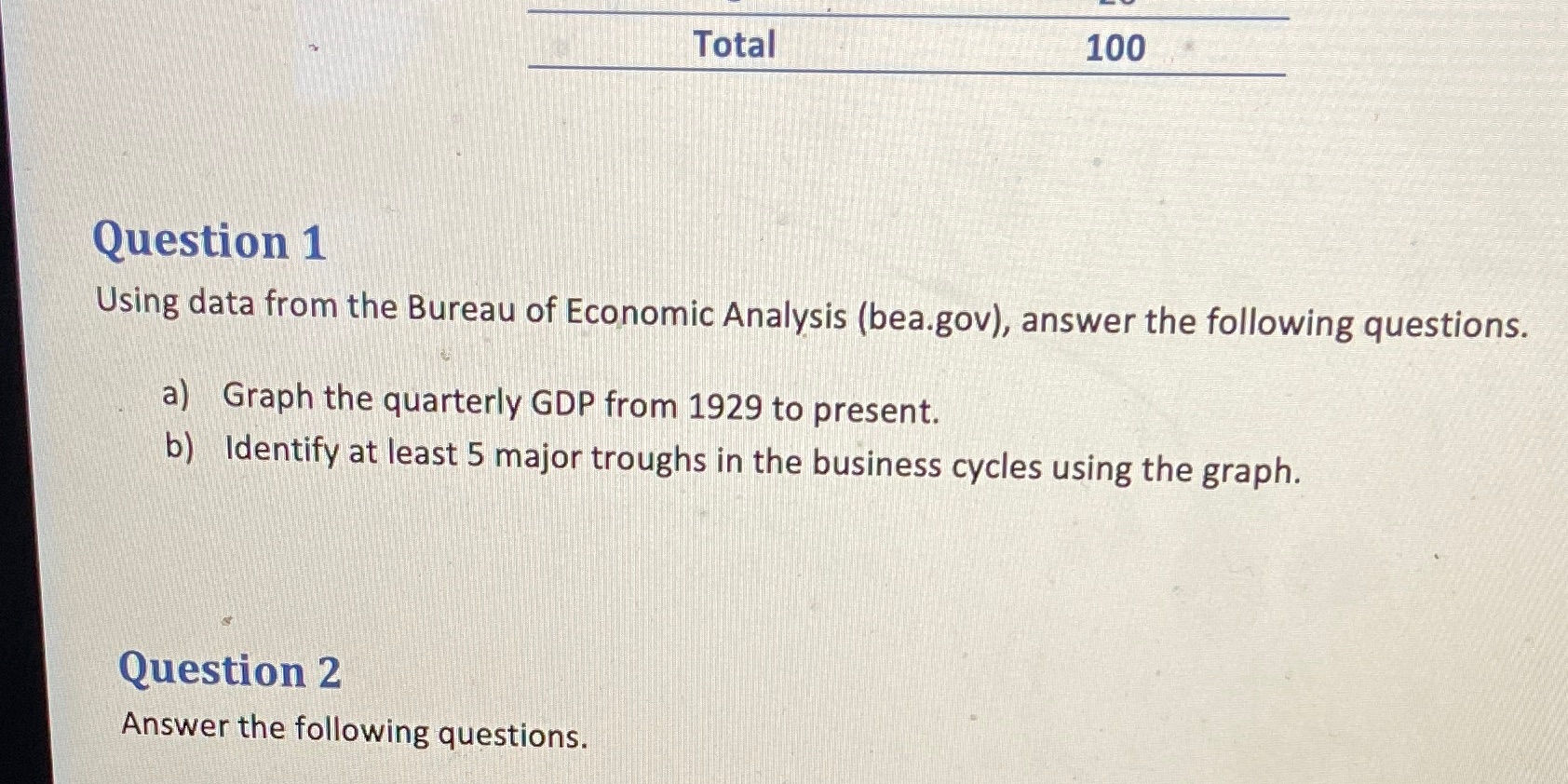 Total 100 Question 1 Using data from the Bureau of Economic