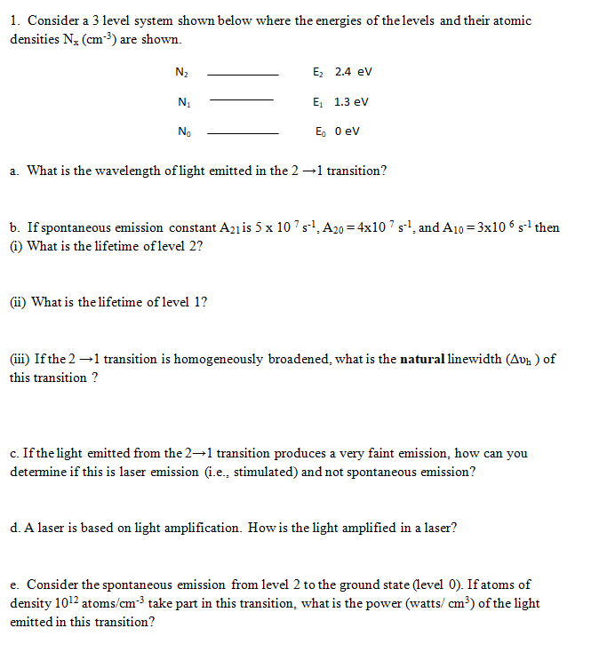need help with hw problem 1. Consider a 3 level system shown