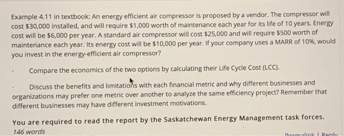  Example 4.11 in textbook: An energy efficient air compressor is proposed
