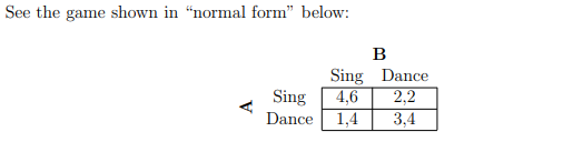 See the game shown in "normal form" below: Sing Sing Dance Dance
