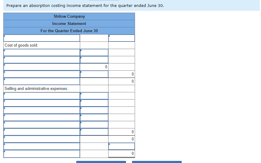 Prepare an absorption costing income statement for the quarter ended June 30.