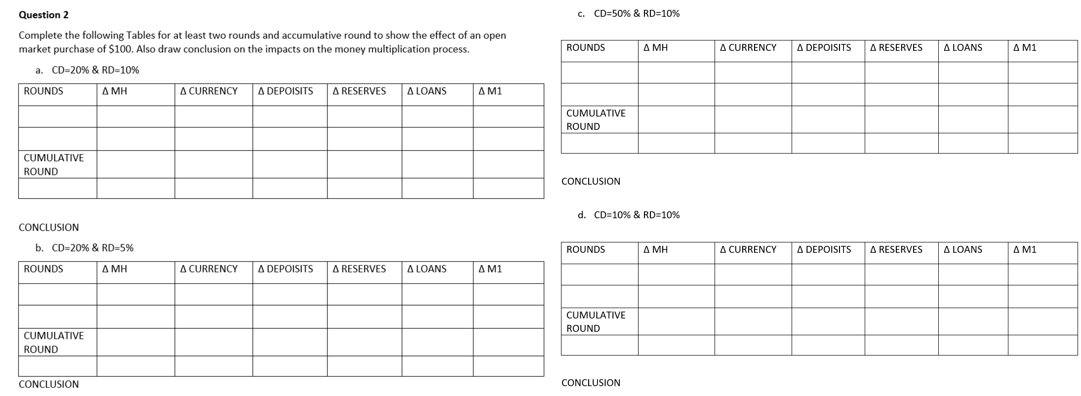 Someone please answer this Question 2 c. CD=50% & RD=10% Complete the