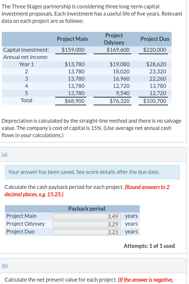 Calculate the net present value for each project. Project Main The Three