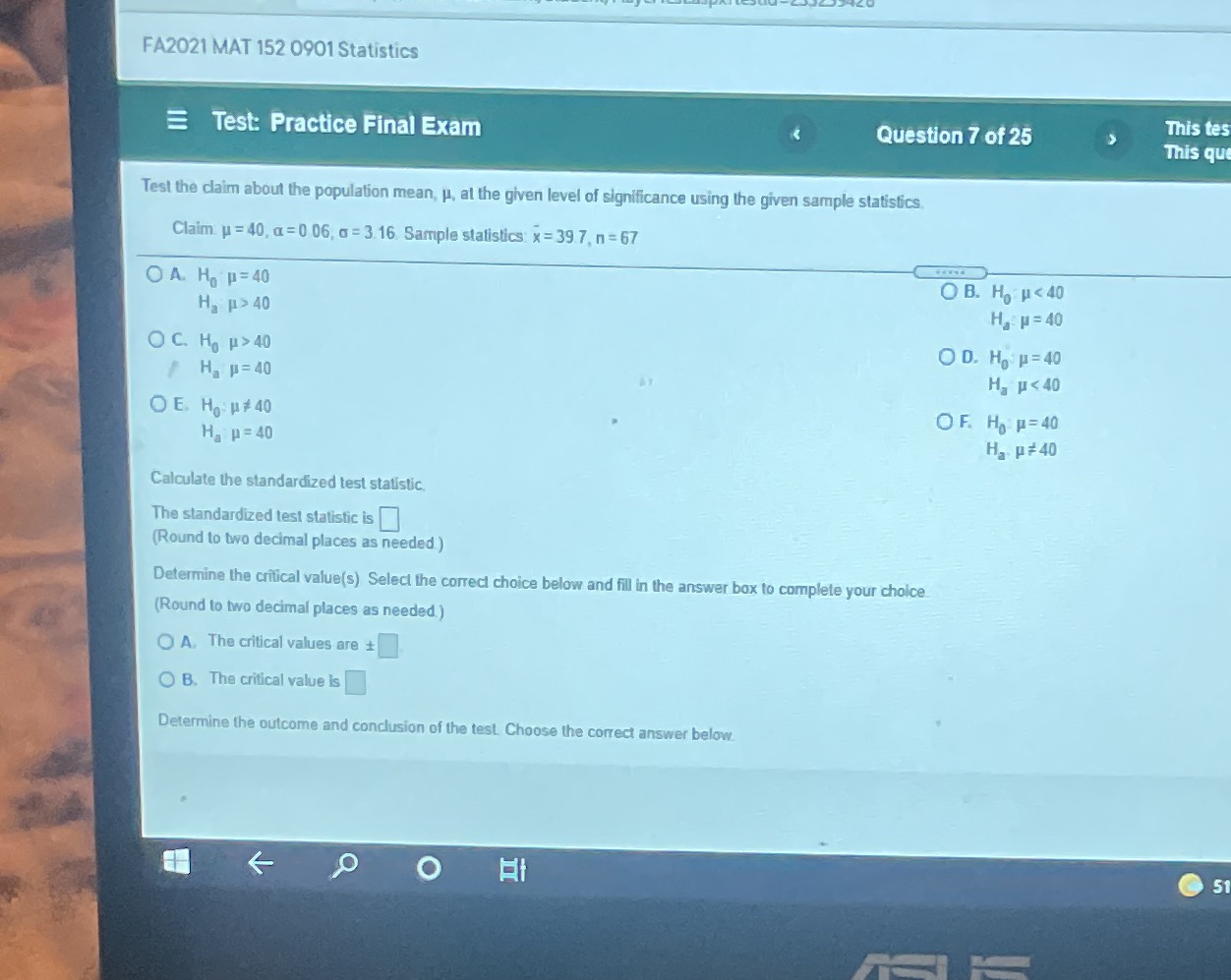 FA2021 MAT 152 0901 Statistics Test: Practice Final Exam Question 7