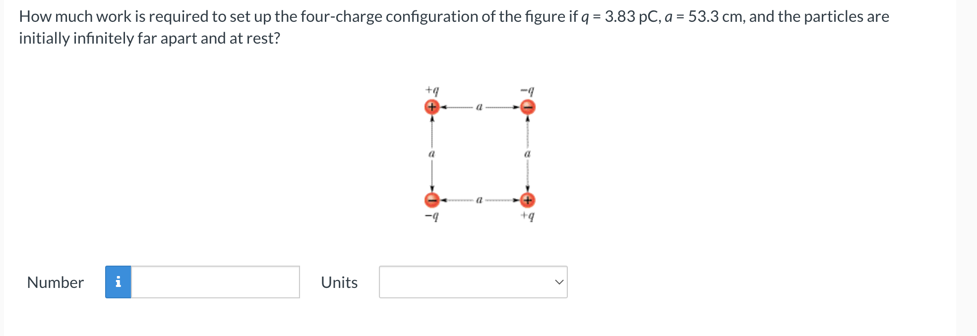 How much work is required to set up the four-charge configuration of