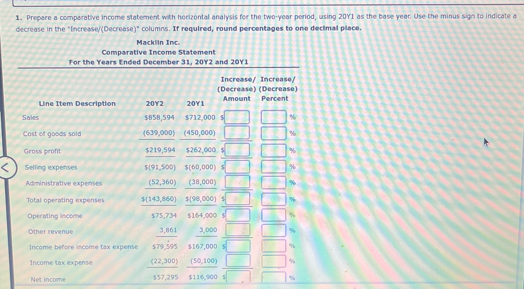 1. Prepare a comparative income statement with horizontal analysis for the