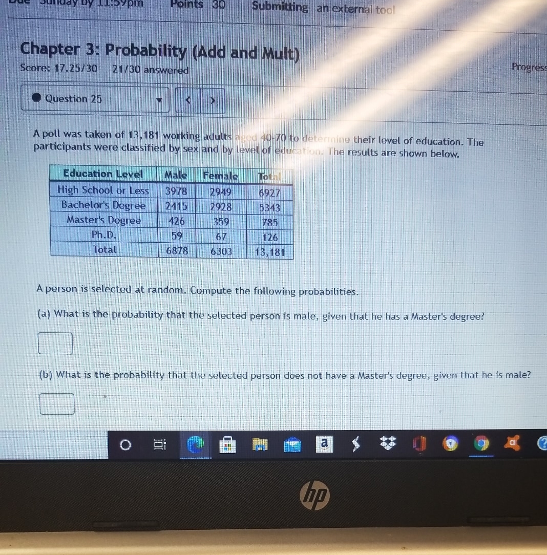 question #25 om Points 30 Submitting an external tool Chapter 3: Probability