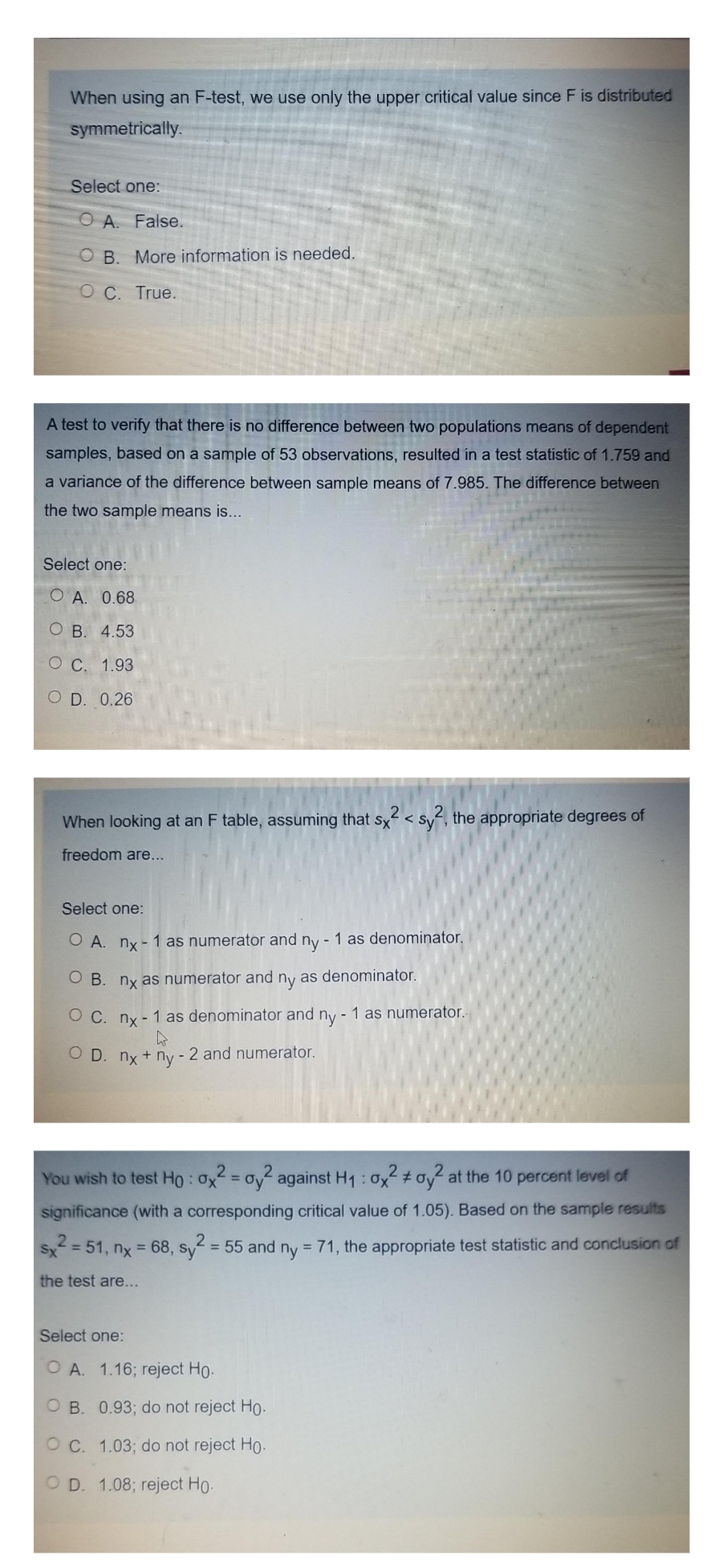 please solve all When using an F-test, we use only the upper