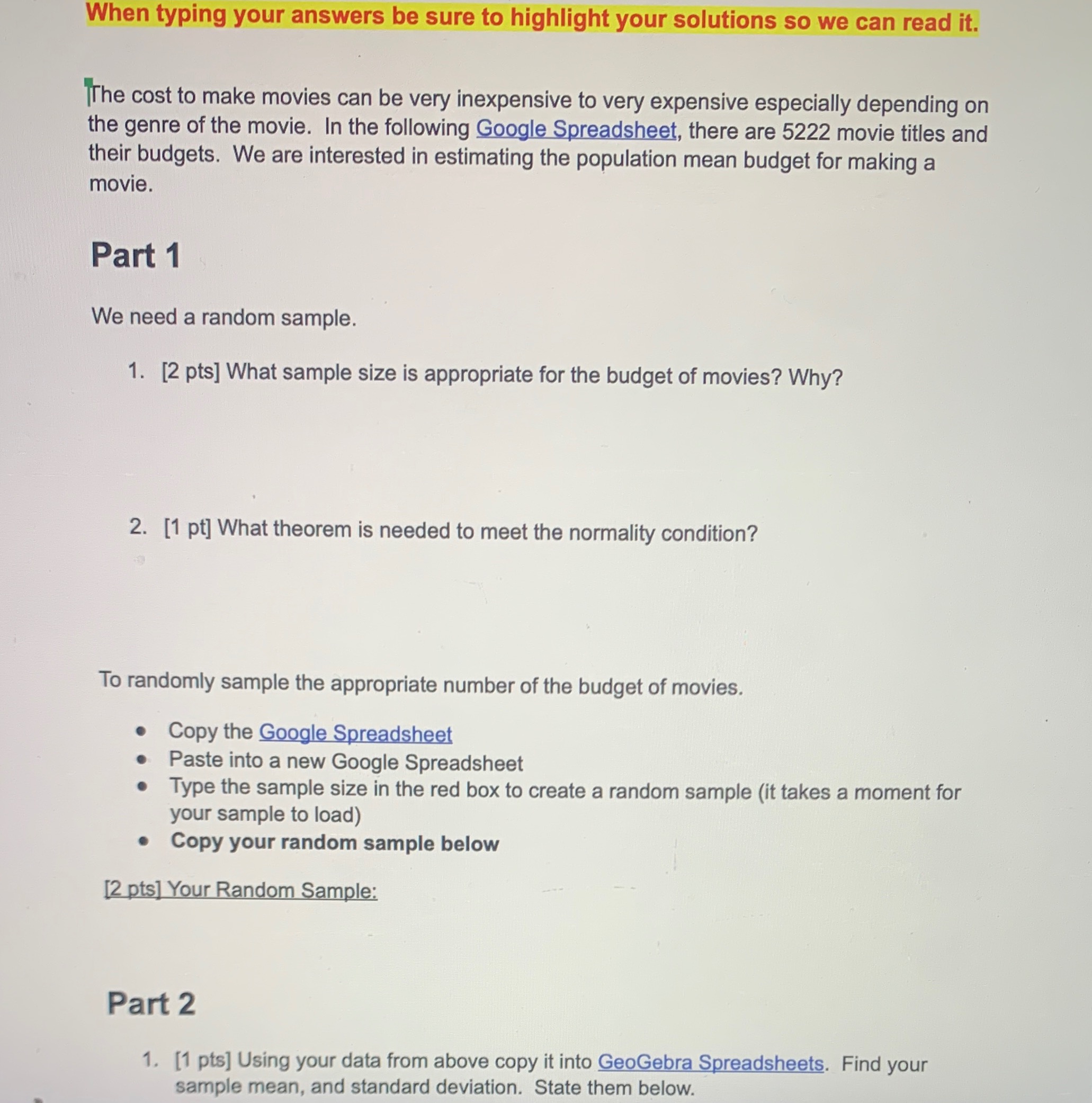 we can read it. 2. [5 pts] Construct a 95% confidence interval