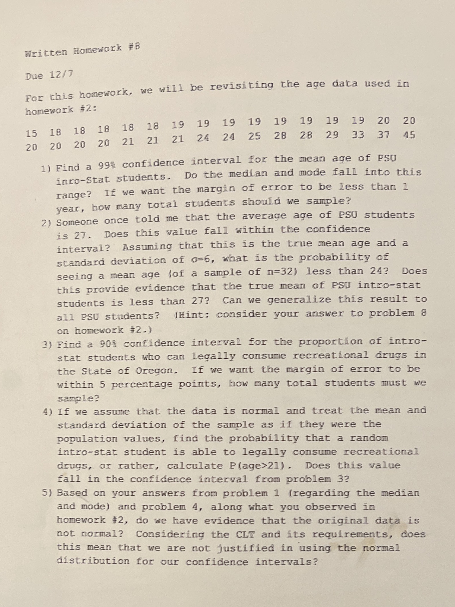 Need help with question 3 Written Homework #8 Due 12/7 For this