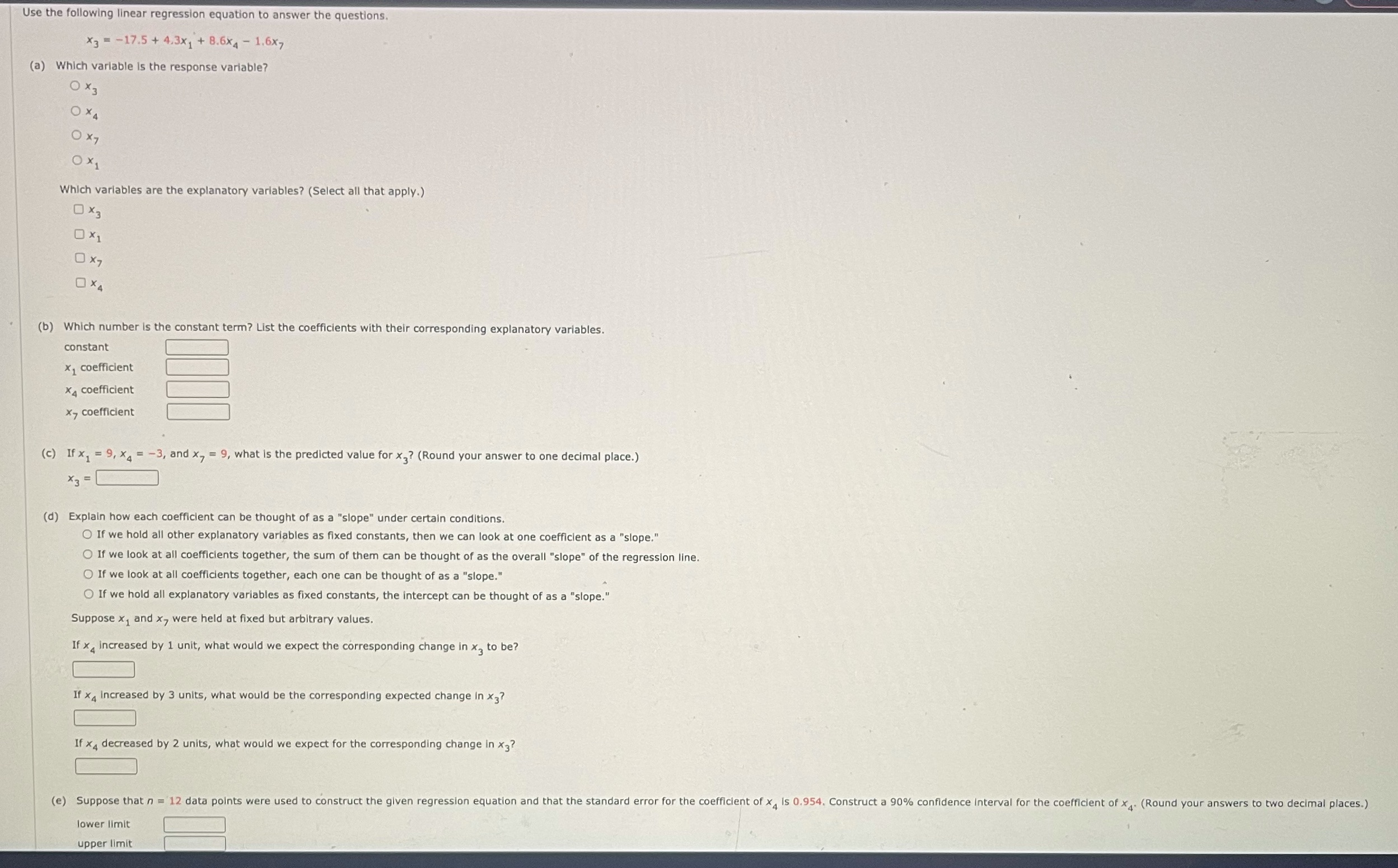 Use the following linear regression equation to answer the questions. X3