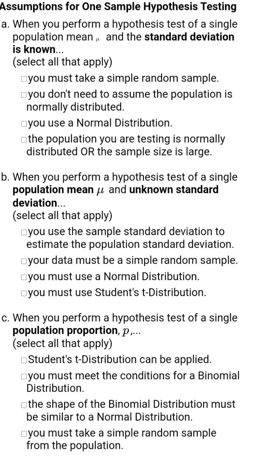 Please assist Assumptions for One Sample Hypothesis Testing a. When you perform
