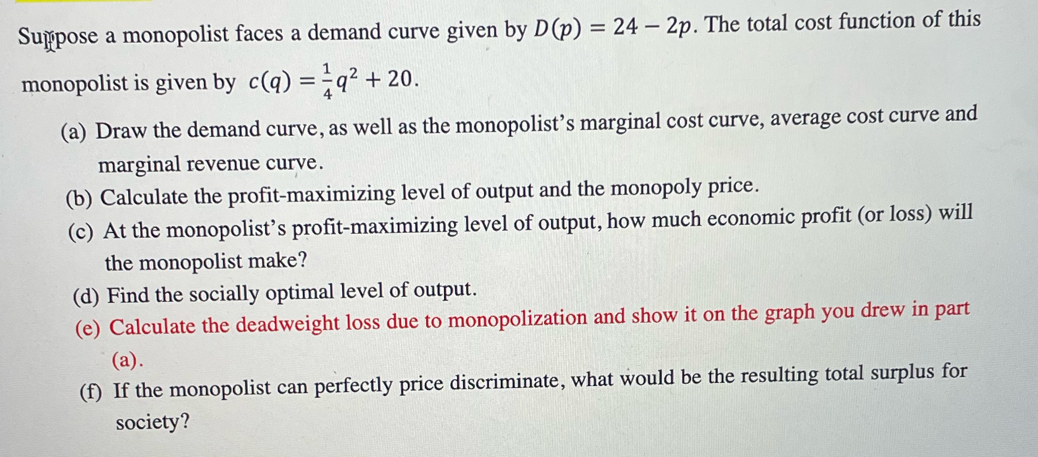 Suppose a monopolist faces a demand curve given by D(p) =