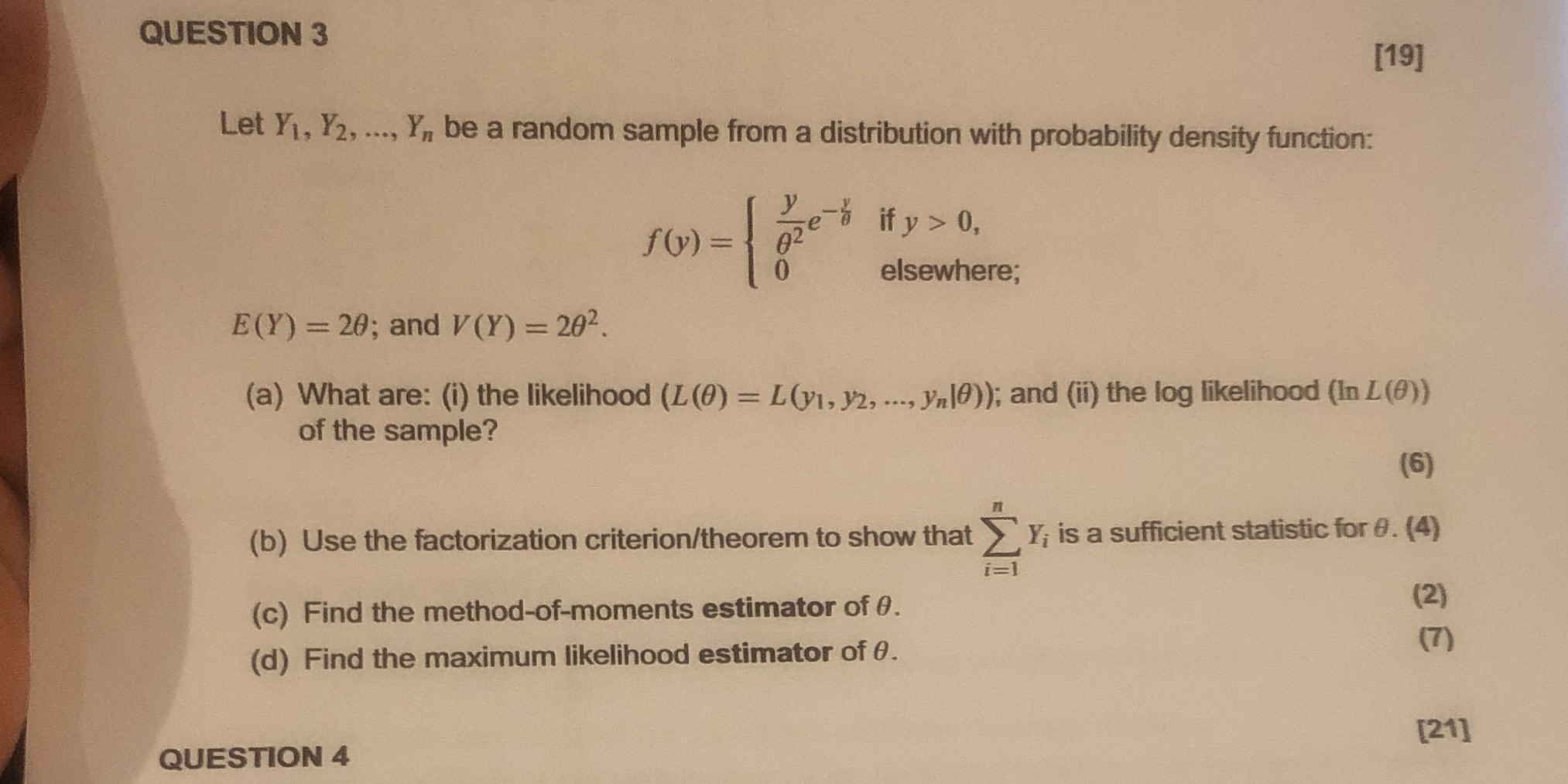 QUESTION 3 [19] Let Y1, Y2, ..., Yn be a random