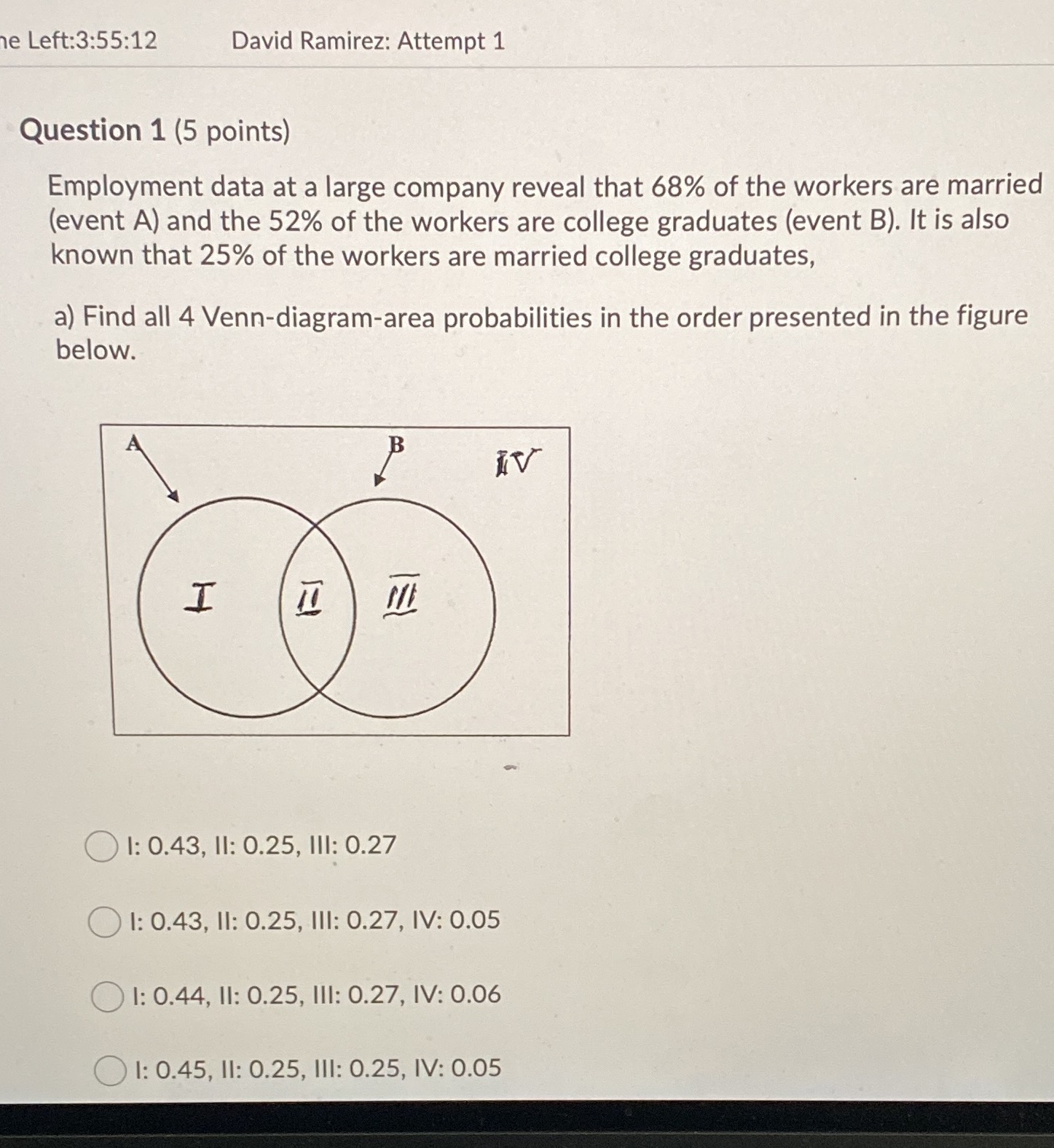 1e Left:3:55:12 David Ramirez: Attempt 1 Question 1 (5 points) Employment