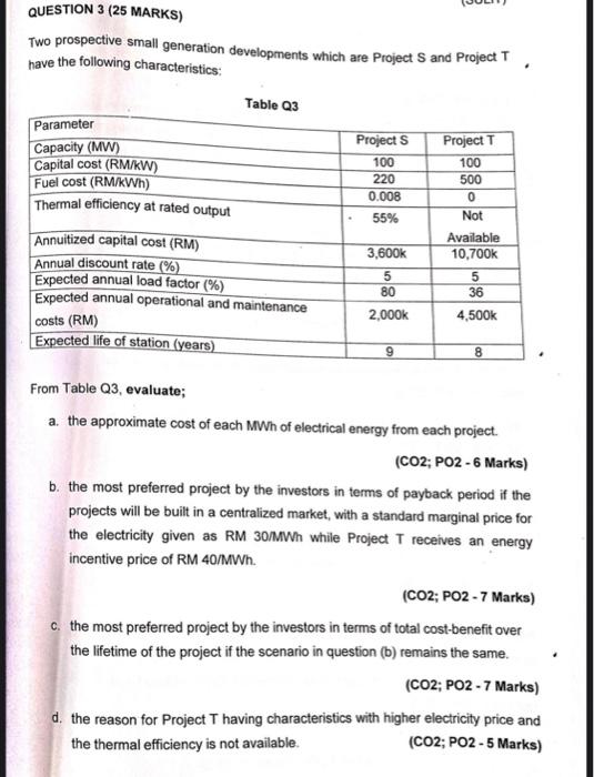  QUESTION 3 (25 MARKS) Two prospective small generation developments which are