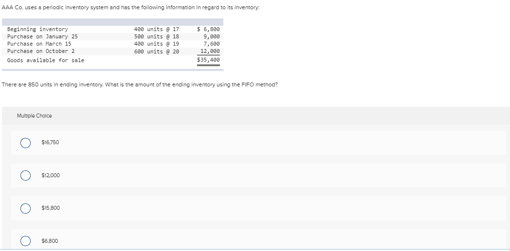 AAA Co. uses a periodic inventory system and has the following