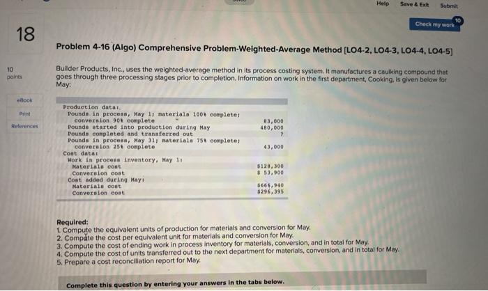  Help Save & Exit Submit 10 Check my work 18 Problem