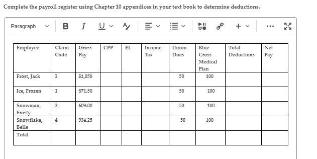  Complete the payroll register using Chapter 10 appendices in your text