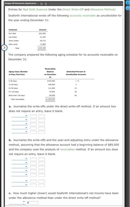  Chapter Homework Application Entries for Bad Debt Expense Under the Direct