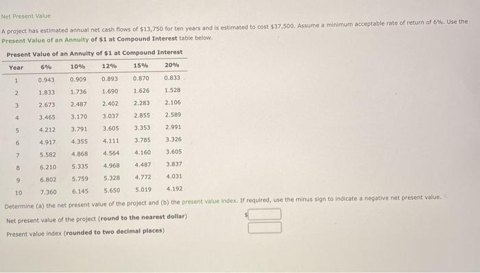  Net Present Value A project has estimated annual net cash flows