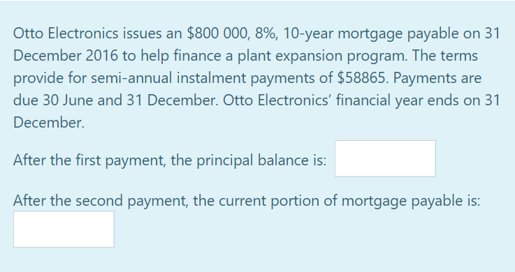 Otto Electronics issues an $800 000, 8%, 10-year mortgage payable on