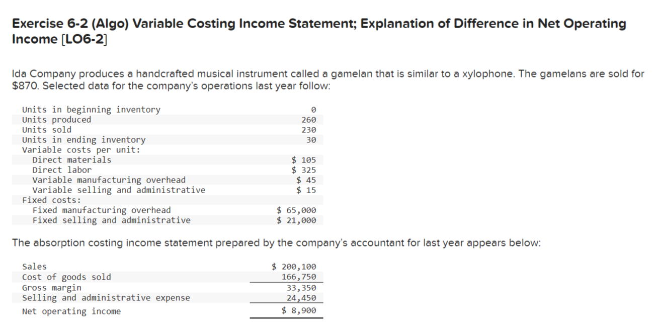 Exercise 6-2 (Algo) Variable Costing Income Statement; Explanation of Difference in