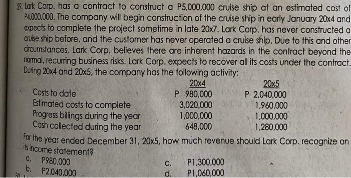  2. Lark Corp. has a contract to construct a P5,000,000 cruise