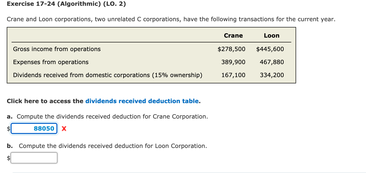  Exercise 17-24 (Algorithmic) (LO. 2) Crane and Loon corporations, two unrelated