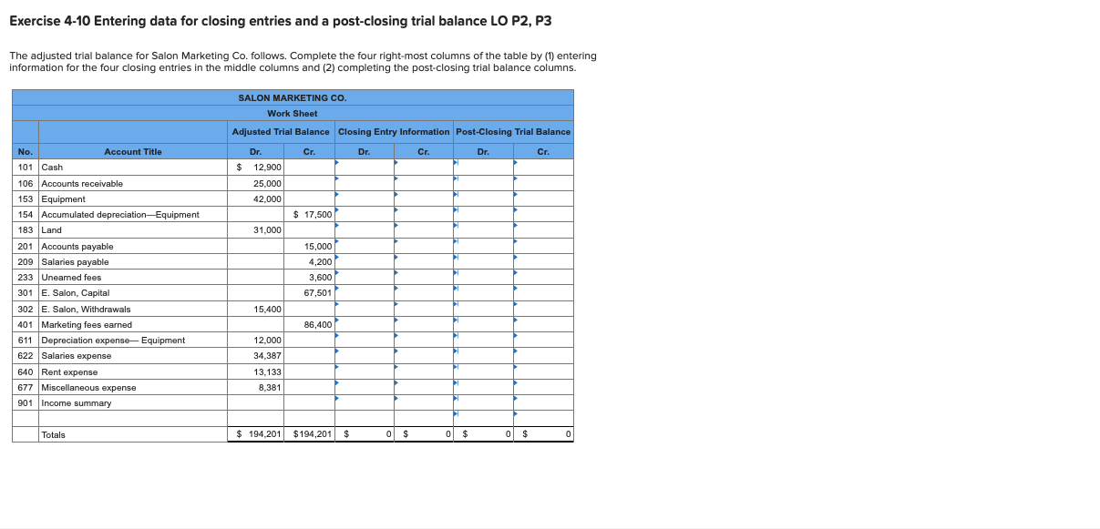  Exercise 4-10 Entering data for closing entries and a post-closing trial