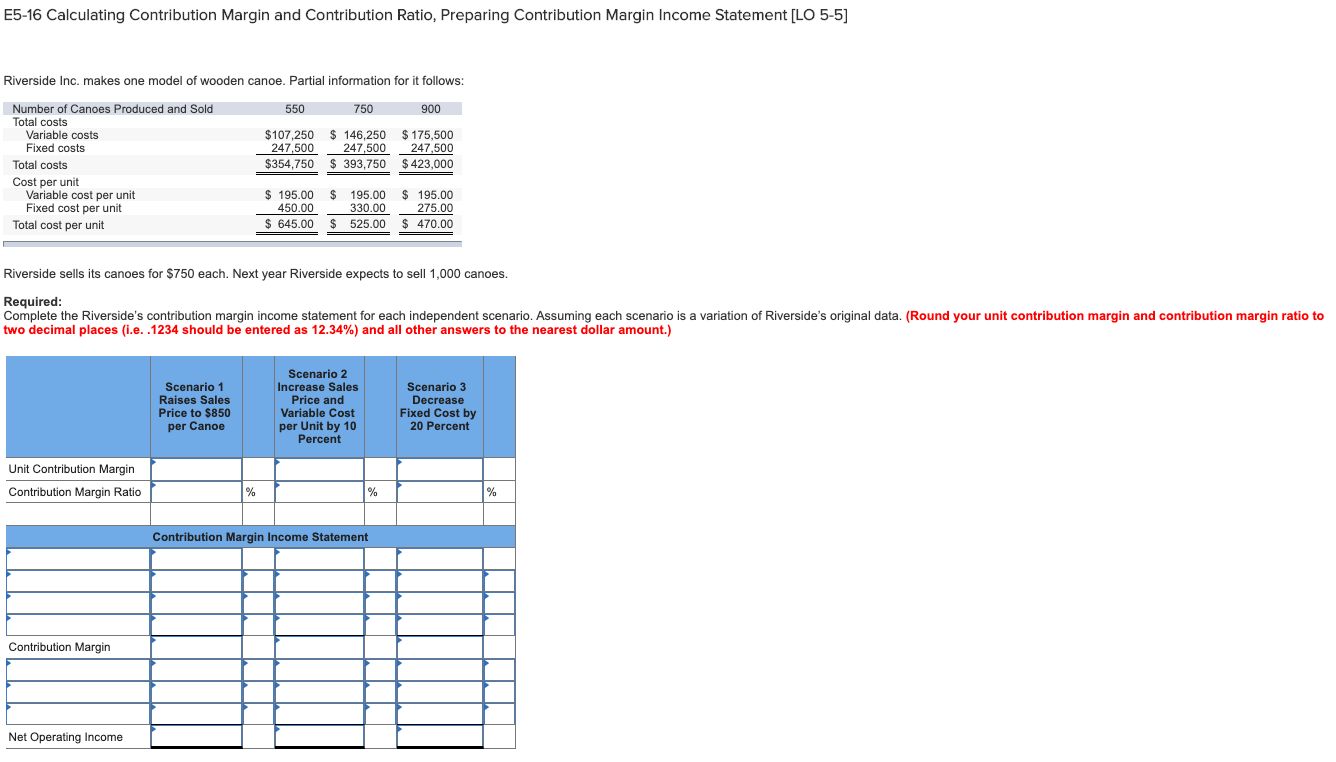  E5-16 Calculating Contribution Margin and Contribution Ratio, Preparing Contribution Margin Income