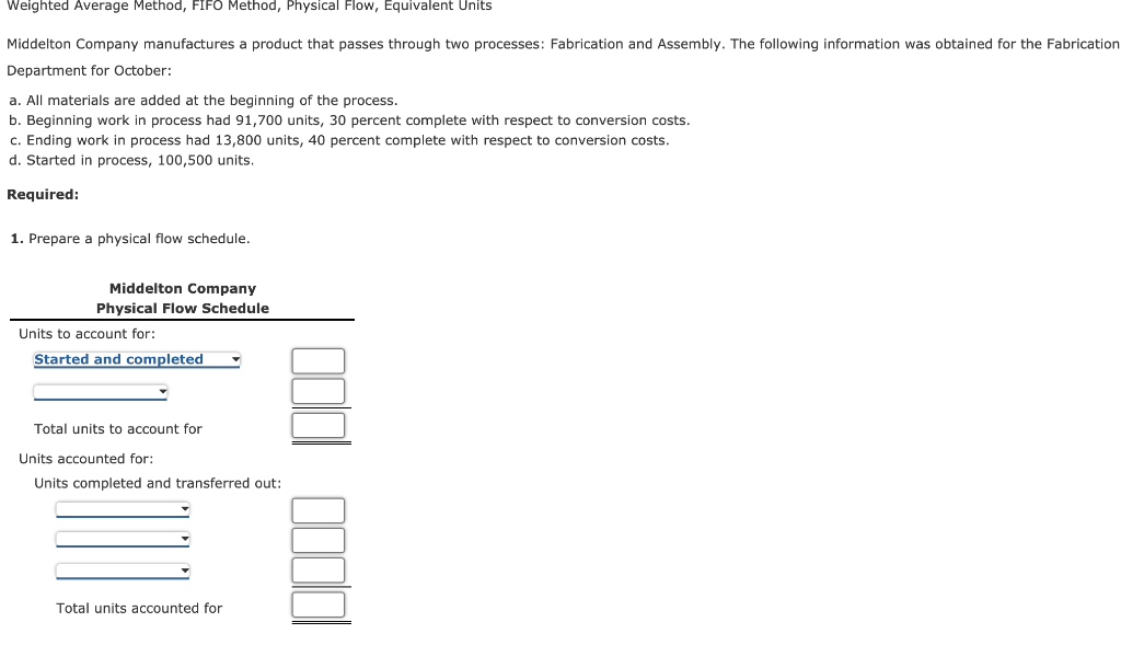  Weighted Average Method, FIFO Method, Physical Flow, Equivalent Units Middelton Company