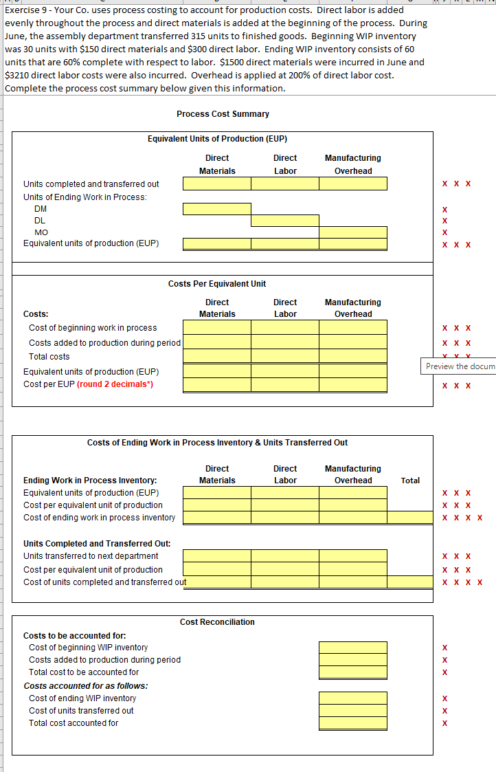 11 Exercise 9 - Your Co. uses process costing to account