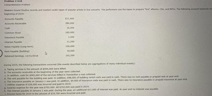  Problem 2-62A Comprehensive Problem Western Sound Studios records and masters audio