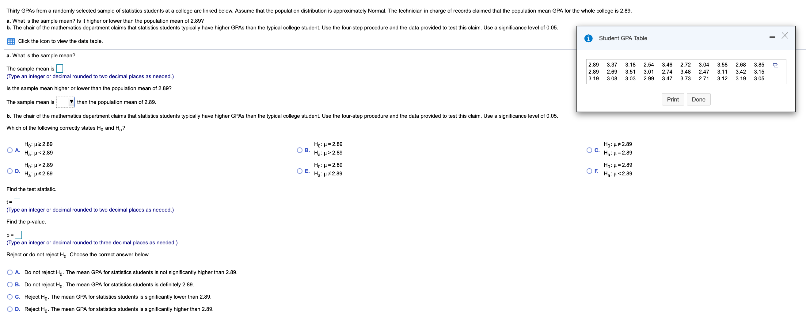 ................ Thirty GPAs from a randomly selected sample of statistics students at