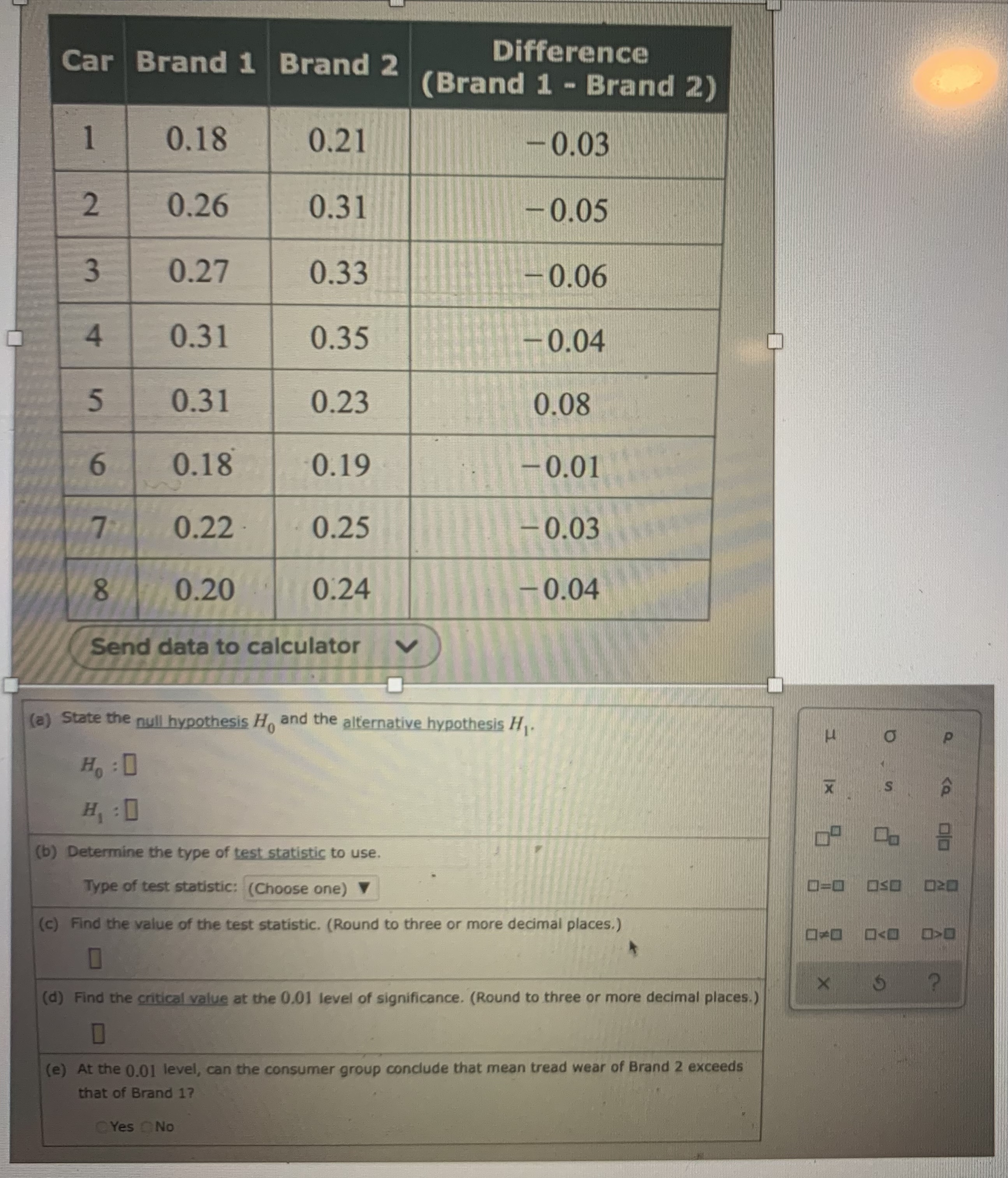 A consumer products testing group is evaluating two competing brands of tires,