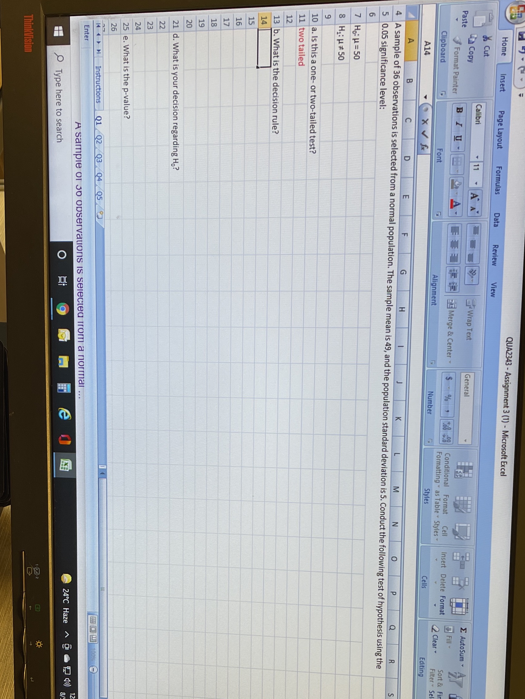  QUA2343 - Assignment 3 (1) - Microsoft Excel Home Insert Page