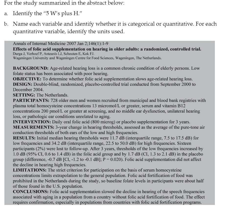  For the study summarized in the abstract below: a. Identify the