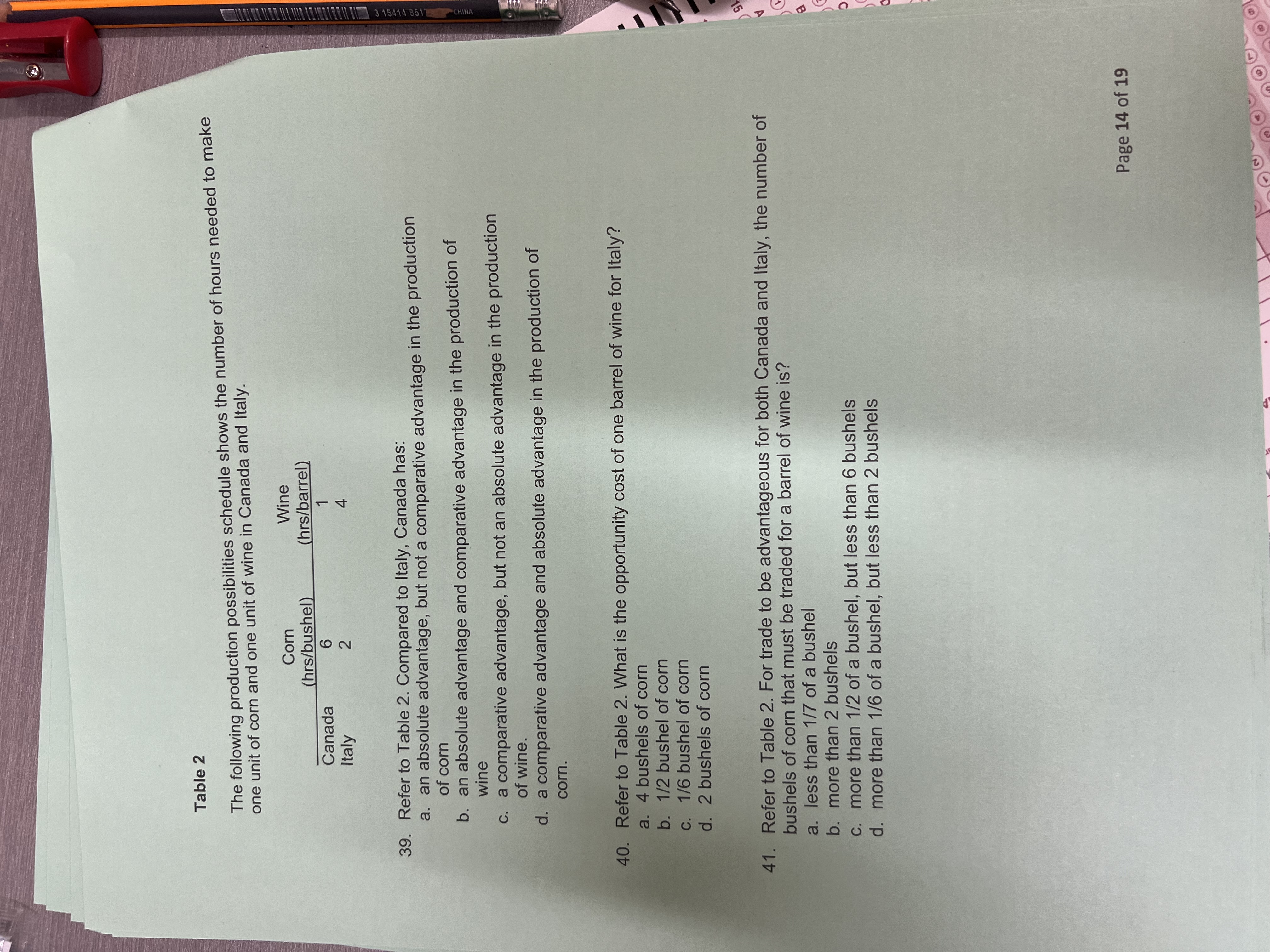  Table 2 The following production possibilities schedule shows the number of