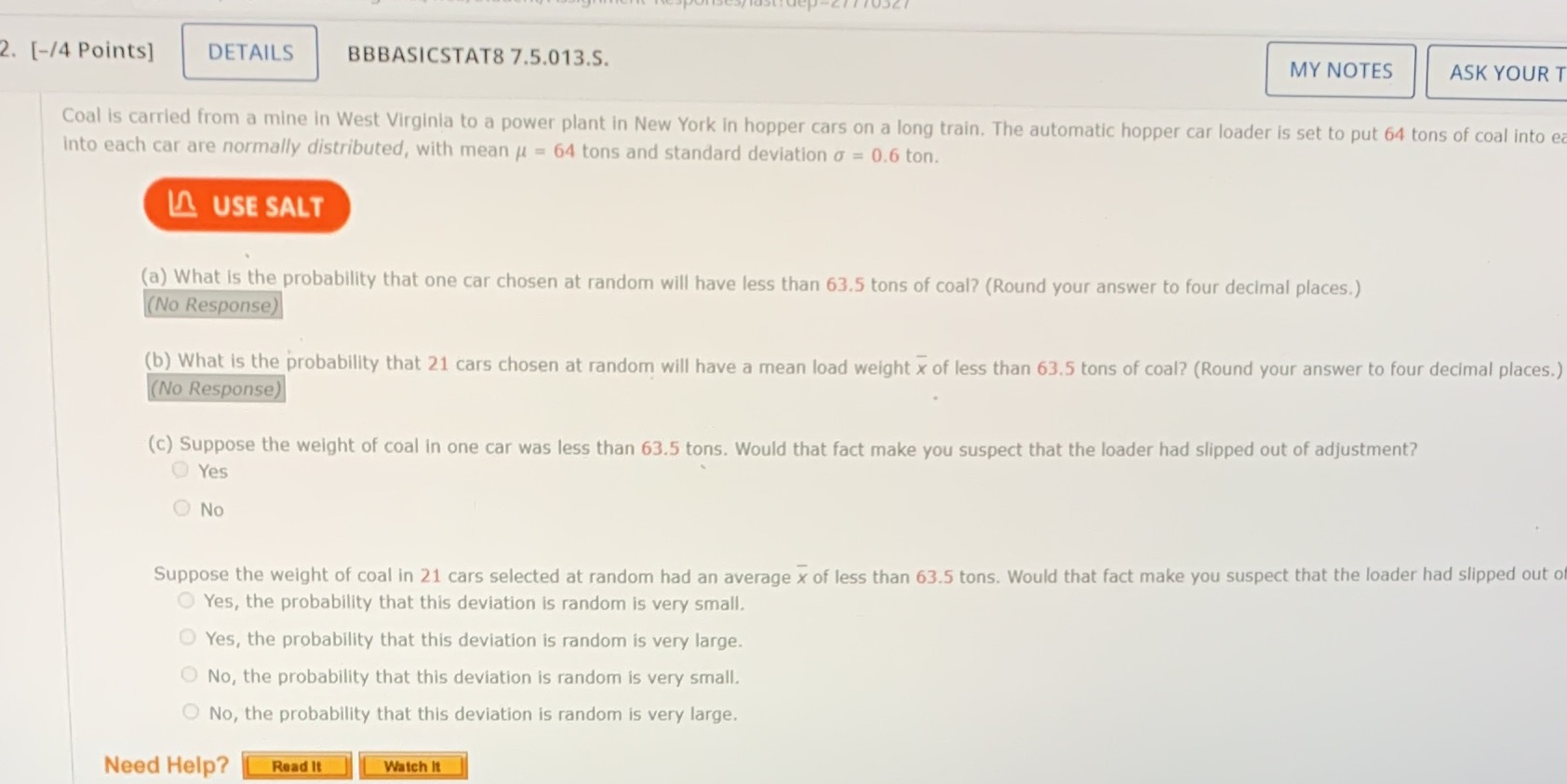  2. [-/4 Points] DETAILS BBBASICSTAT8 7.5.013.S. MY NOTES ASK YOUR T