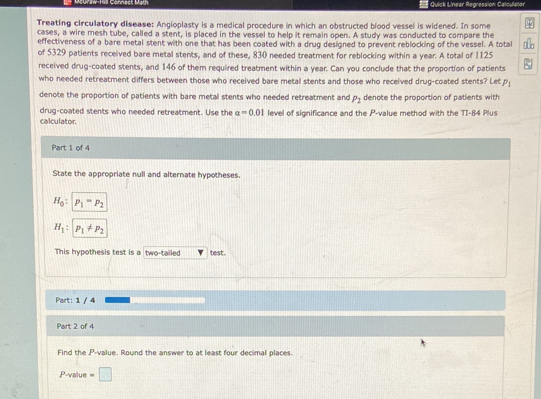 what is the p value AM McGray connect Math Quick Linear Regression