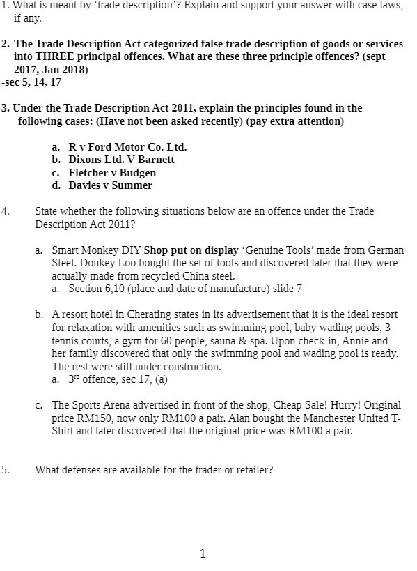 1. What is meant by 'trade description"? Explain and support your
