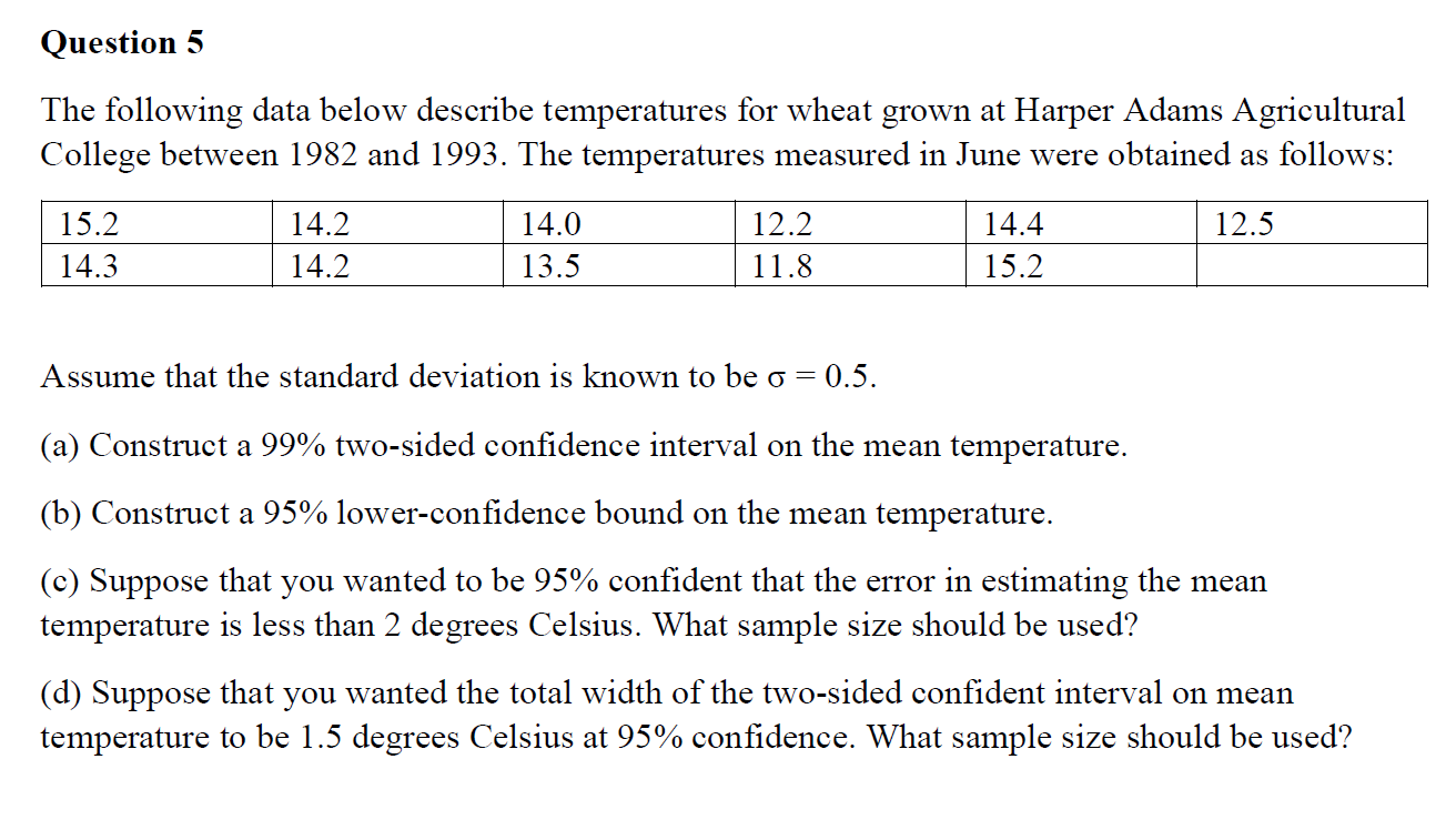  Question 5 The following data below describe temperatures for wheat grown