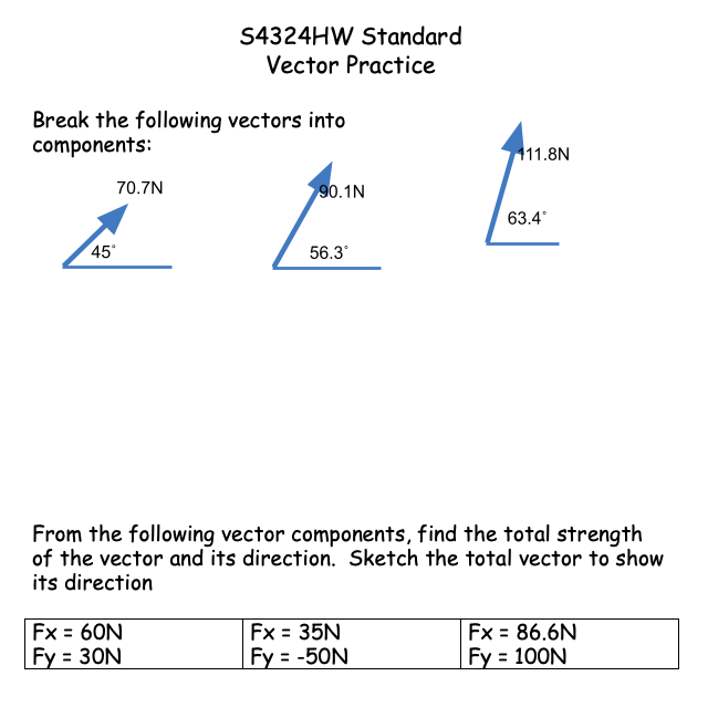  $4324HW Standard Vector Practice Break the following vectors into components: 111.8N