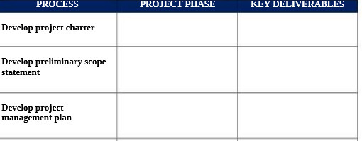 PROCESS Develop project charter Develop preliminary scope Develop project management p Ian