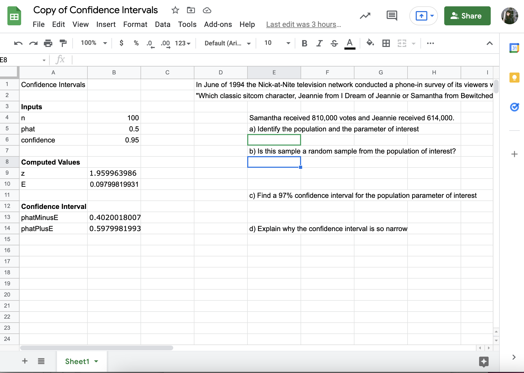  Copy of Confidence Intervals EB Share File Edit View Insert Format