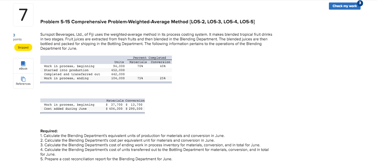  Check my work Problem 5-15 Comprehensive Problem-Weighted Average Method [LO5-2, LO5-3,